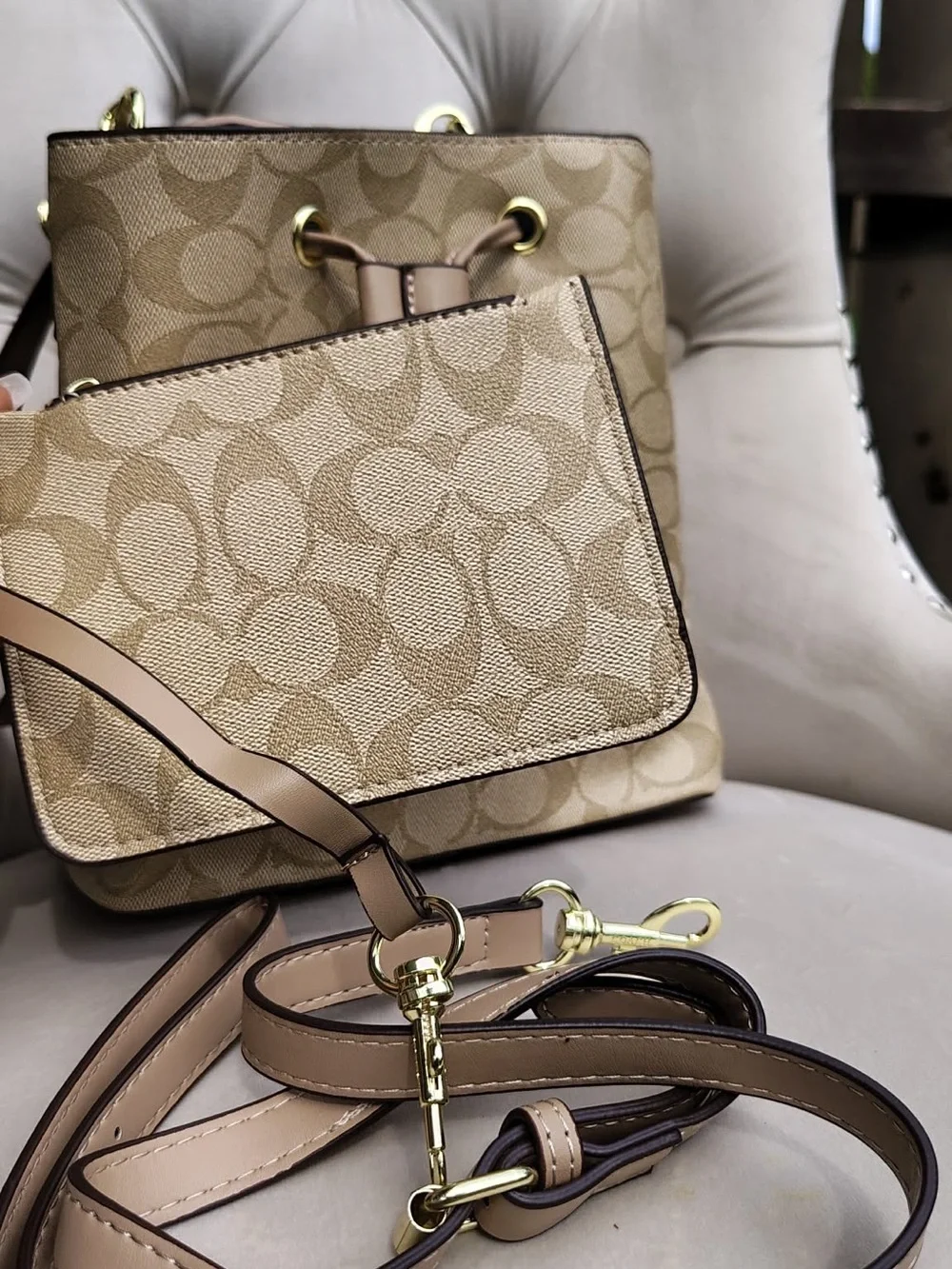 Coach Beige Signature Canvas Drawstring Bucket Bag with Leather Trim